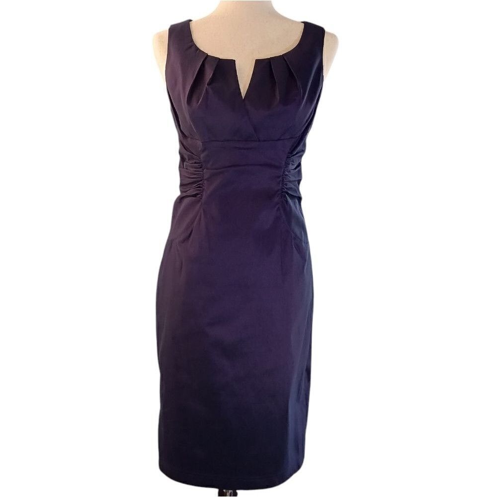 Tailored Sheath Dress Knee Length Cinched Pleated Sleeveless Lined Purple Size 6